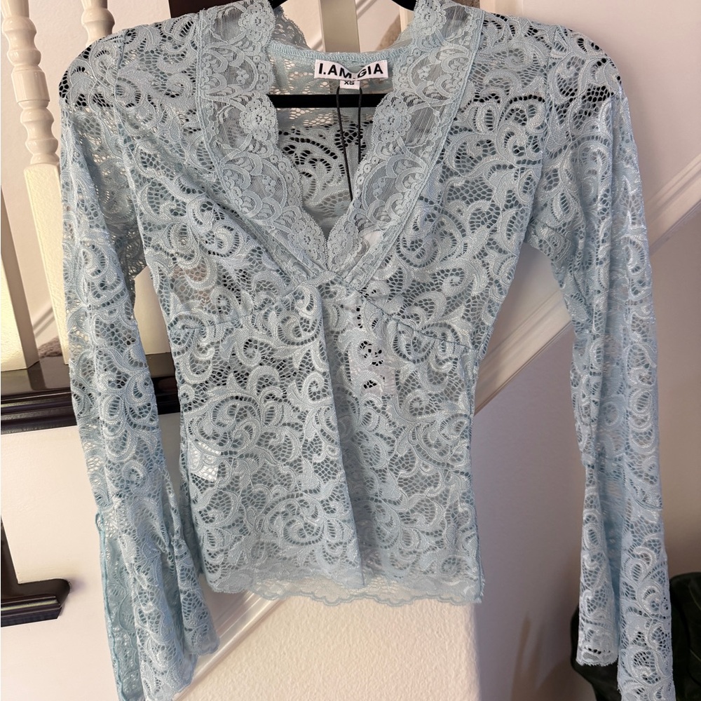 I.AM.GIA Powder Blue Lace V-Neck Long Sleeve Blouse
